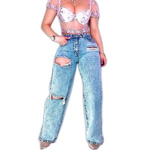 LIGHT BLUE VINTAGE WASH DISTRESSED SPLIT HEM STRAIGHT LEG JEANS